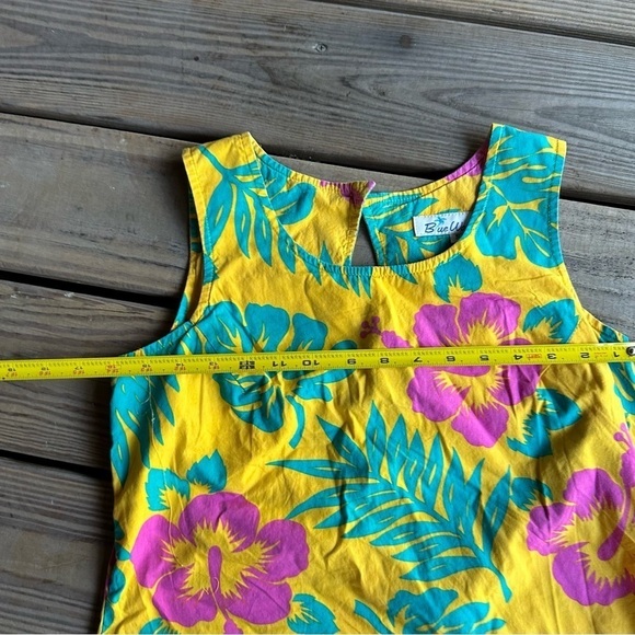 Vintage Blue Water Yellow Floral Dress Tropical Sleeveless Beach Vacation Mini S - Picture 11 of 15